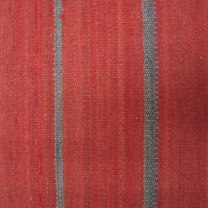 A flat woven red rug with a prominent vertical speckled blue stripe rests on light wood flooring.