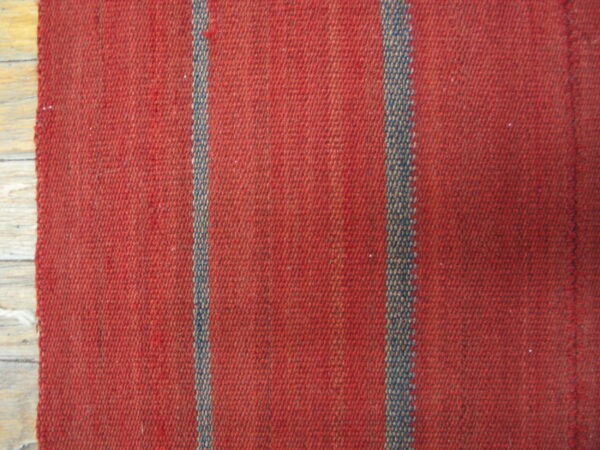 A flat woven red rug with a prominent vertical speckled blue stripe rests on light wood flooring.