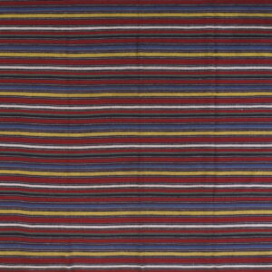 Woven rug with horizontal bands of red, blue, gold, black, and narrow dotted white lines.