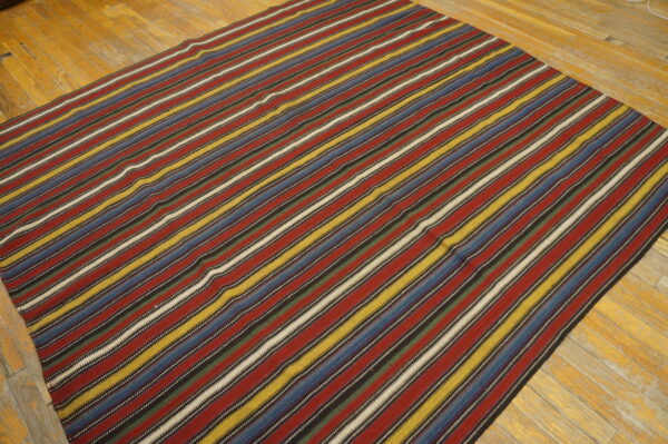 Low-pile rug with wide stripes in red, blue, yellow, and white on a rustic wood floor.