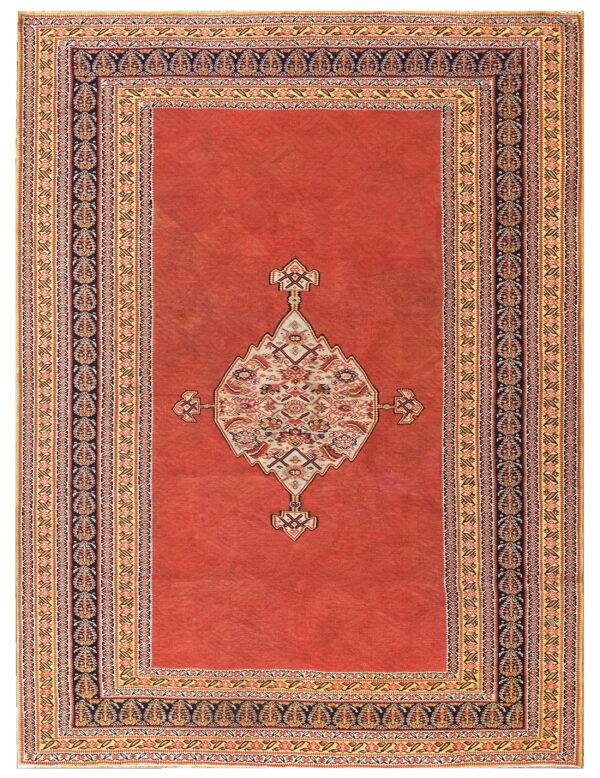 Red-orange field rug with a detailed central geometric medallion and multi-banded navy and gold borders.