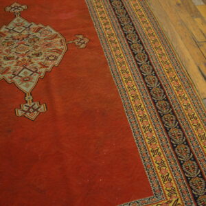 Rust-colored traditional rug showing a patterned central medallion and multi-colored striped border on wood planks.