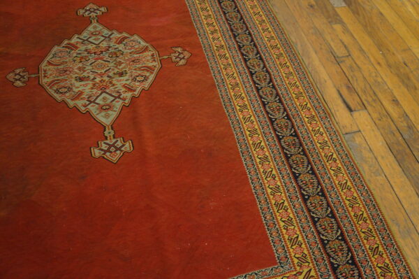 Rust-colored traditional rug showing a patterned central medallion and multi-colored striped border on wood planks.