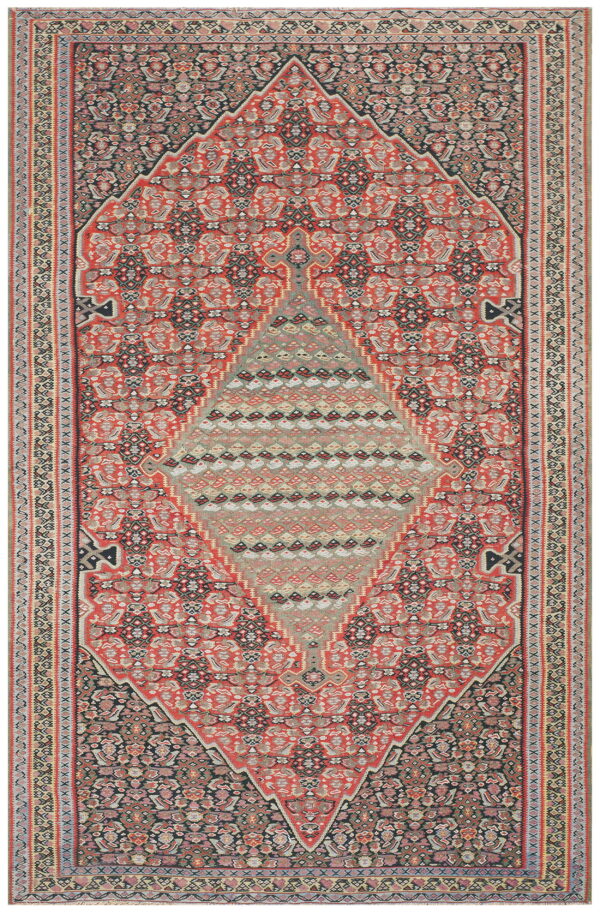 Red, navy, and gray traditional rug featuring an elaborate central diamond geometric motif and detailed borders.