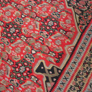 Intricate flatwoven rug featuring a bright red field with floral and geometric motifs and multi-colored striped borders.