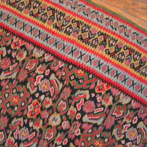 Detail of a vibrant rug with floral motifs, black ground, and multiple red, blue, and gold borders on wood.