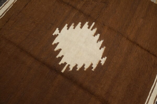 Brown, shaggy rug with a cream serrated geometric pattern and striped border along one edge.
