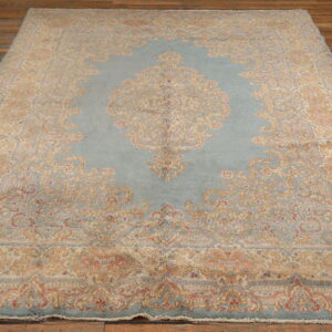 Ornate medallion rug featuring dusty blue, tan, and faded pink designs rests on dark wood planks.