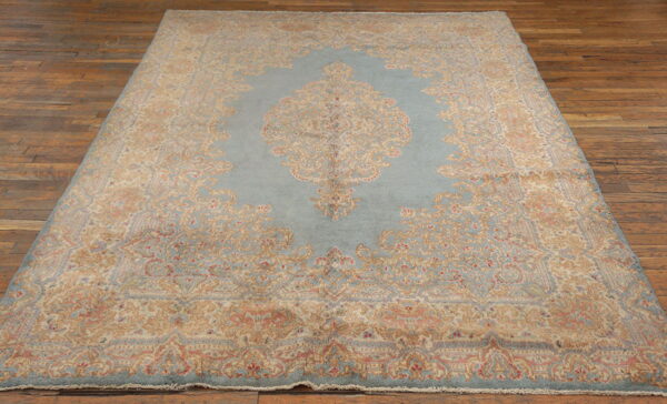 Ornate medallion rug featuring dusty blue, tan, and faded pink designs rests on dark wood planks.