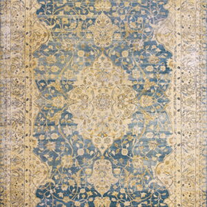 Ornate traditional rug featuring an all-over floral medallion pattern in dusty teal blue and aged cream colors.