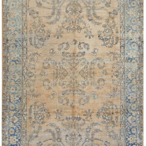 Beige rug featuring detailed blue ornamental patterns and contrasting, faded blue borders.