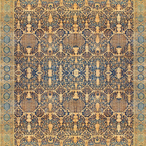 Intricate blue and gold patterned rug