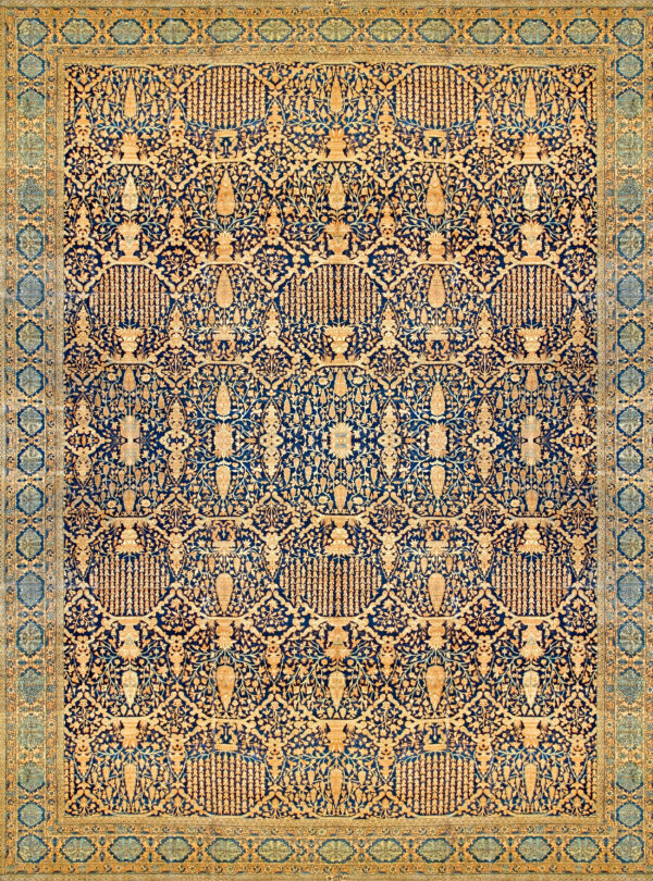 Intricate blue and gold patterned rug