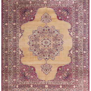 Traditional rug featuring a golden tan field bordered by detailed burgundy scrolling motifs.