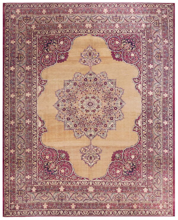 Traditional rug featuring a golden tan field bordered by detailed burgundy scrolling motifs.