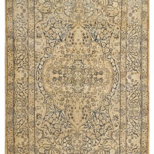 Distressed rectangular rug featuring faded beige and dark gray floral motifs in a central medallion design.