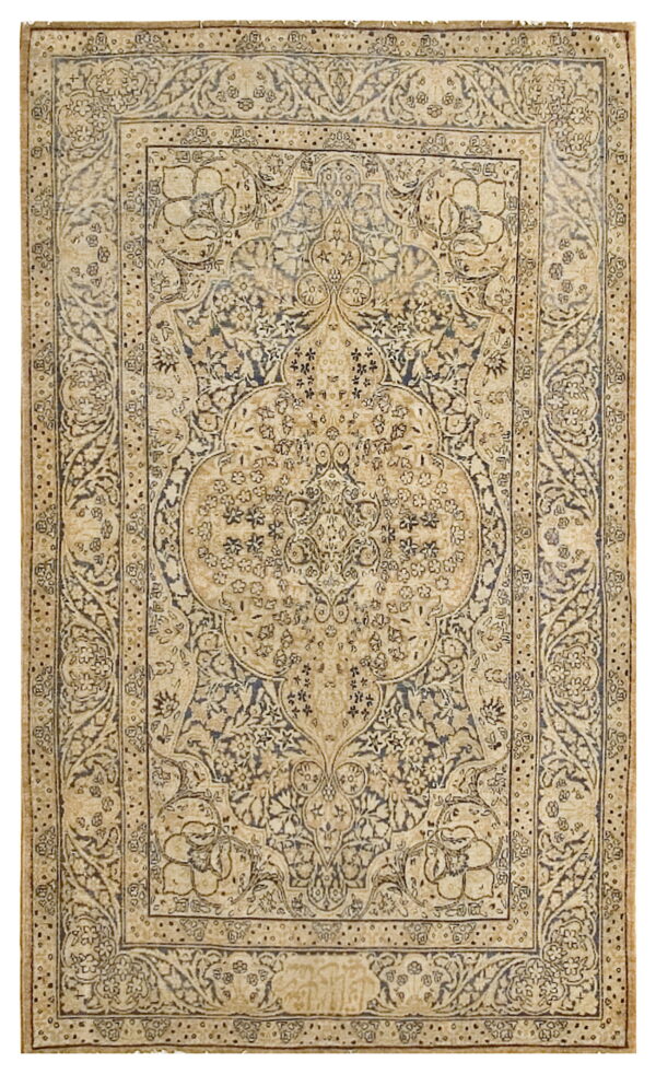 Distressed rectangular rug featuring faded beige and dark gray floral motifs in a central medallion design.