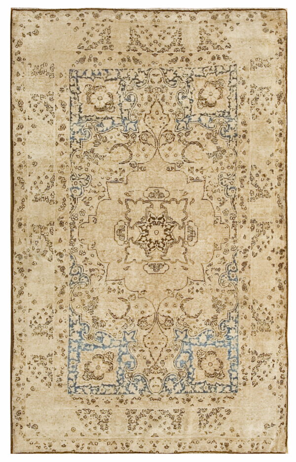 A rectangular beige rug with a distressed traditional medallion and faded blue and brown floral patterns.