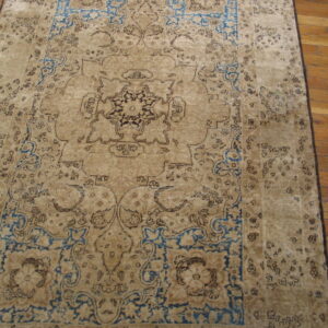 Tan and dark brown traditional rug with bright blue accents lies on wood plank flooring.