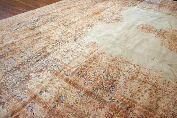 A traditional floral rug in light tan, brown, and blue sits on dark wood plank flooring.