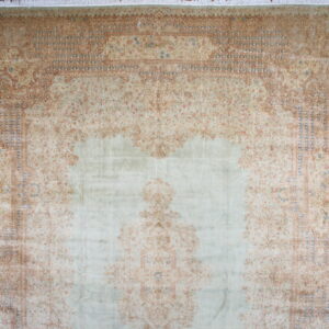 Ornate traditional rug in pale sage and tan with visible sheen and fringe, laid on hardwood flooring.