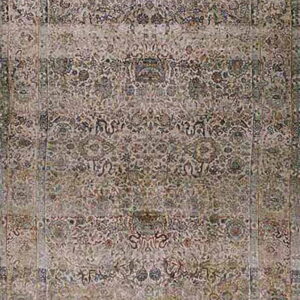 Muted traditional rug featuring a dense floral pattern and multi-layered border in taupe, gray, and subtle accents.