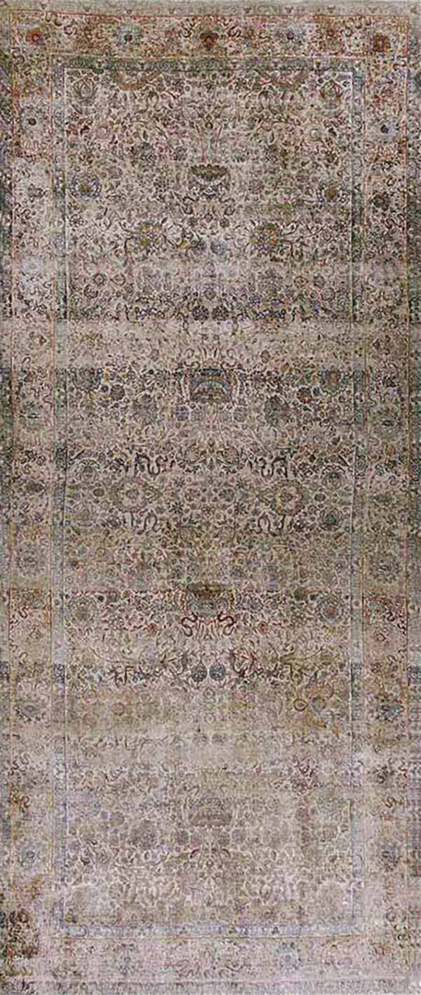 Muted traditional rug featuring a dense floral pattern and multi-layered border in taupe, gray, and subtle accents.