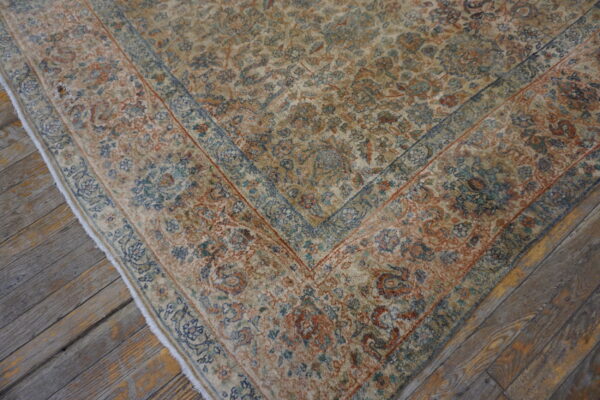 Distressed beige rug featuring complex floral motifs in rust and blue, lying on weathered wood planks.