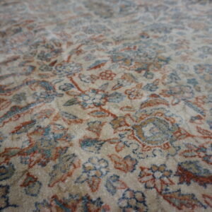 Plush high-pile rug with beige field and traditional floral patterns in rust and muted blue.
