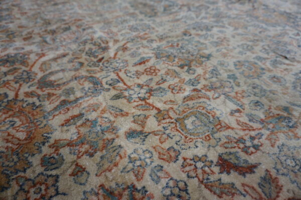Plush high-pile rug with beige field and traditional floral patterns in rust and muted blue.