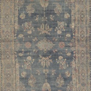 Muted blue low-pile rug with intricate beige, blush, and slate traditional floral and paisley designs.