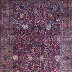 Burgundy and navy rug with an intricate, dense floral pattern and complex, multi-layered borders.