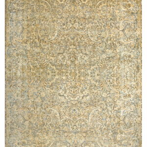 Faded traditional rug with a dense botanical pattern in cream, tan, brown, and muted blue.