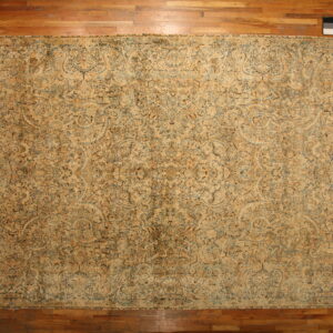 Rectangular tan rug with an intricate faded floral and vine pattern displayed on warm wood flooring.