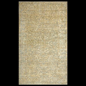 Ornate all-over pattern rug with light gold and muted blue details displayed against black.