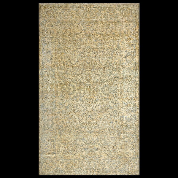 Ornate all-over pattern rug with light gold and muted blue details displayed against black.
