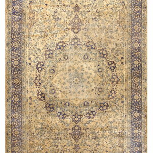 Distressed low-pile rug with a beige field, central medallion, and navy blue complex floral border.