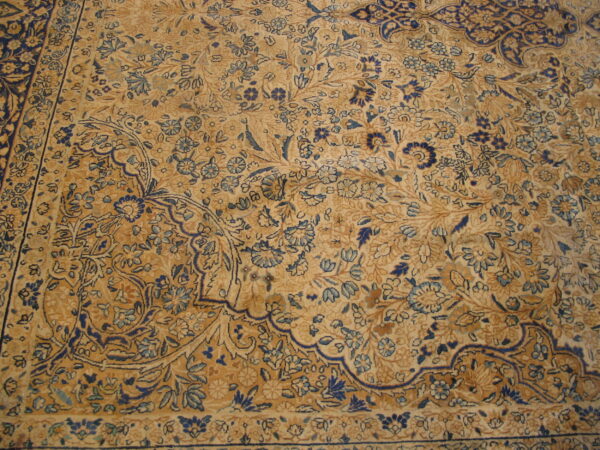 Low pile rug texture showing a busy tan field covered in dark and light blue floral patterns.