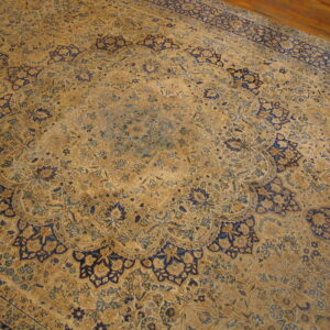 Large traditional rug featuring a tan field with an intricate floral medallion and navy blue accents on wood flooring.