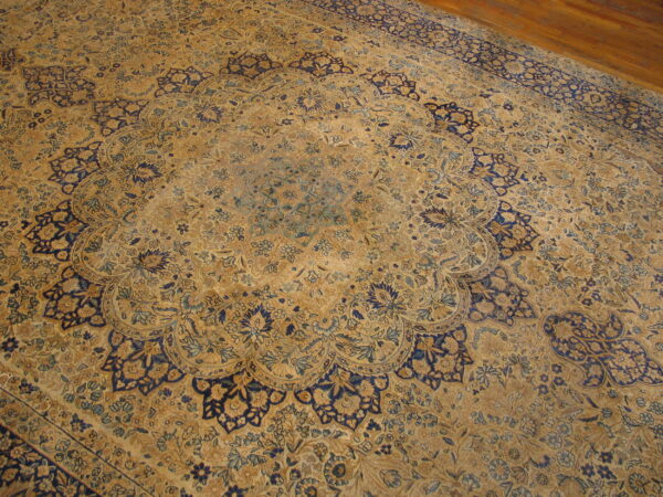 Large traditional rug featuring a tan field with an intricate floral medallion and navy blue accents on wood flooring.