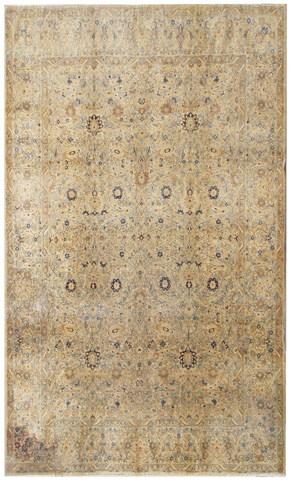 Low-pile traditional area rug featuring complex faded floral patterns in beige, tan, and muted blue.