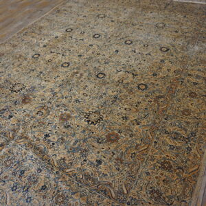 Low-pile beige rug with complex blue and rust floral motifs rests on worn wood plank flooring.