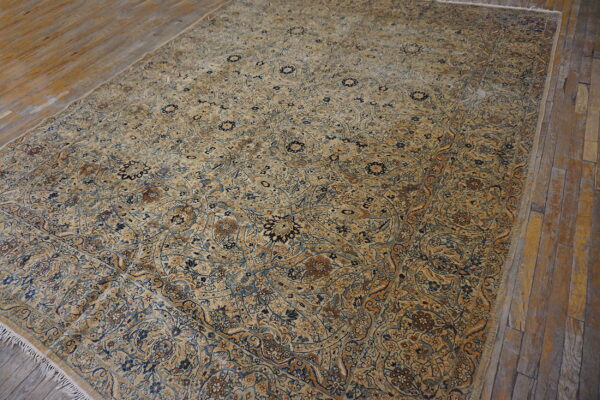 Low-pile beige rug with complex blue and rust floral motifs rests on worn wood plank flooring.
