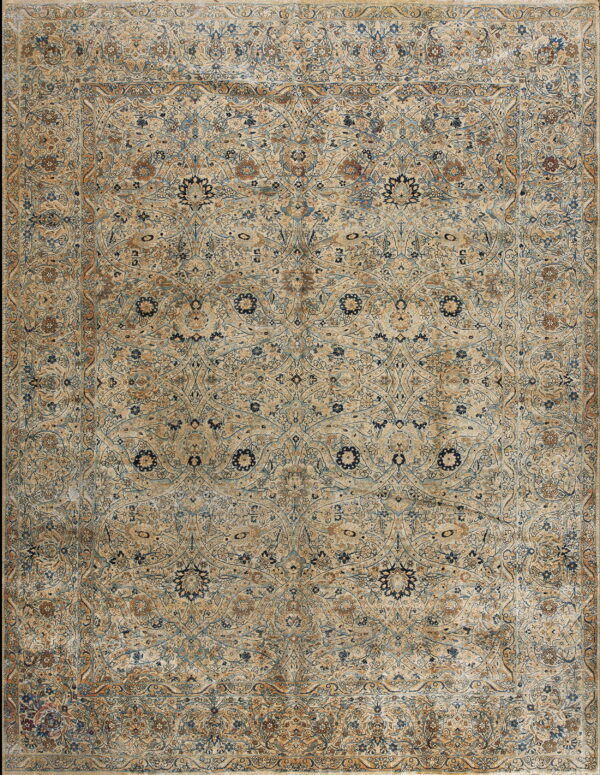 Traditional ornate rug featuring all-over floral motifs in faded tan, light blue, dark blue, and brown.