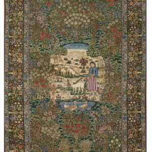 Dark green rug featuring a central pastoral scene, surrounded by dense multicolored flowering trees and a brown border.