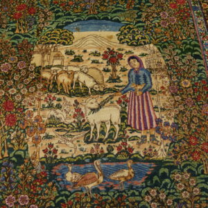 Low-pile rug depicting a shepherdess, grazing animals, and ducks surrounded by detailed floral borders.