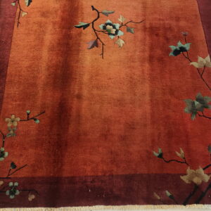 Orange low-pile rug with a dark border and sparse teal and beige floral vine patterns.