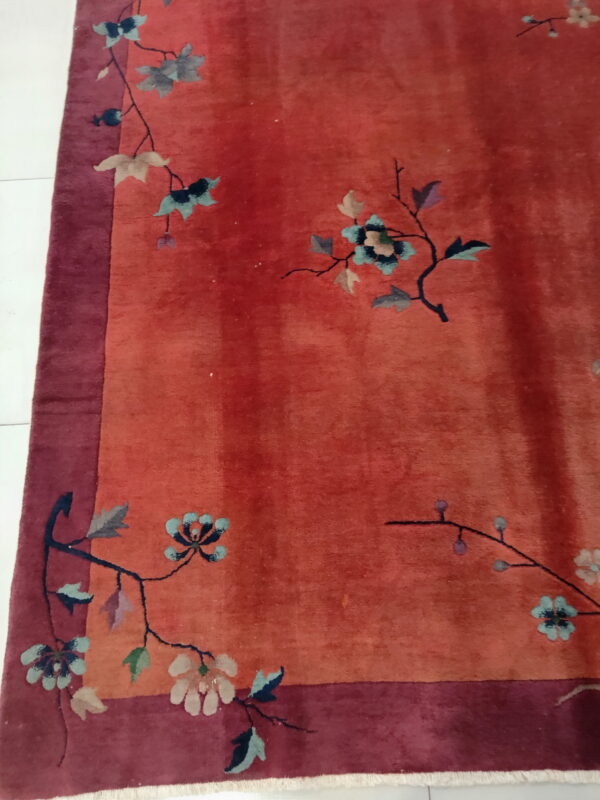 Terracotta and burgundy rug with a sparse floral vine pattern sits on white flooring, showing fringe.