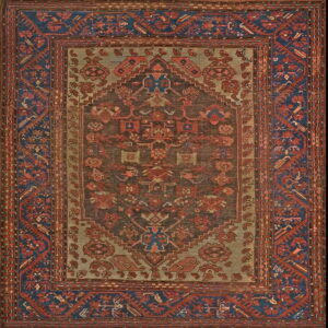 Low-pile rug with a patterned field in olive green and brown, framed by wide borders in rust red and navy blue.