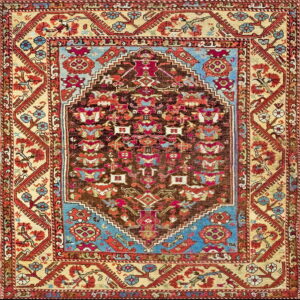 Detailed low-pile rug featuring a dark brown geometric central field framed by contrasting cream, red, and bright blue borders.